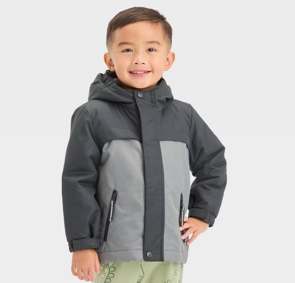 Cat & Jack toddler boys' black/gray colorblock hooded puffer jacket Size 2T